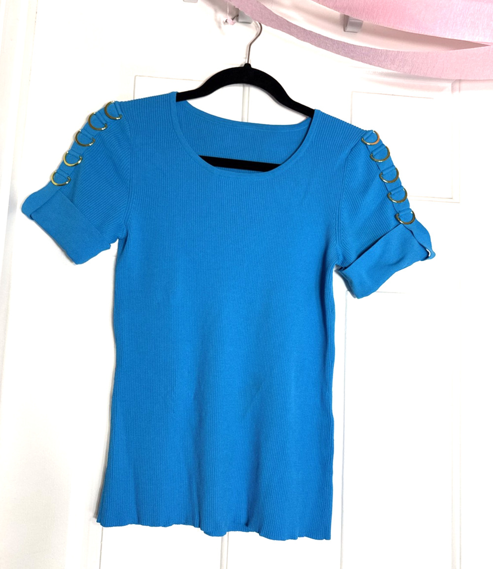 Turquoise Blue Ribbed Knit Sweater W Gold Rings Accents On Sleeve Quiet Luxury S